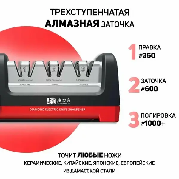 Точилка для ножей электрическая TAIDEA TG2101, 3 ступени, черная