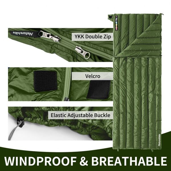 Спальный мешок NATUREHIKE Cicada Wing CW295 Green (утиный пух)