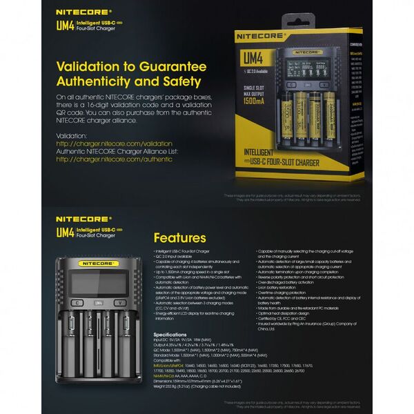 Зарядное устройство на 4 аккумулятора NITECORE UM4 (18650/16340 автоматическое определение)