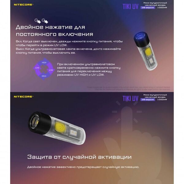 Ультрафиолетовый фонарик-брелок NITECORE TIKI UV (1000мВт, SST-10UV 365nh, 2 часа)