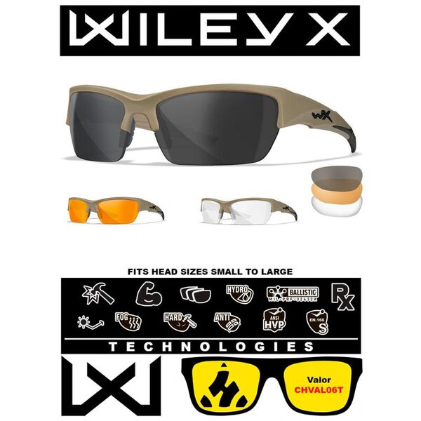 Баллистические очки для тактической стрельбы Wiley X Valor Matte Tan (Clear-Grey-Rust)