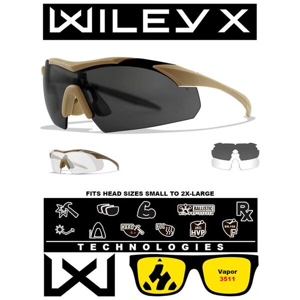 Баллистические очки для стрельбы с защитой от осколков Wiley X Vapor Matte Tan (Clear-Grey)