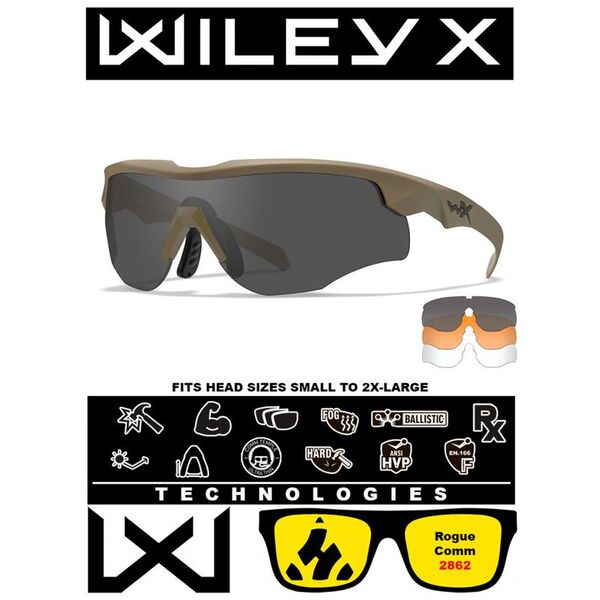Тактические очки для стрельбы с баллистической защитой от осколков Wiley X Rogue Comm Matte Tan (Clear-Grey-Rust)
