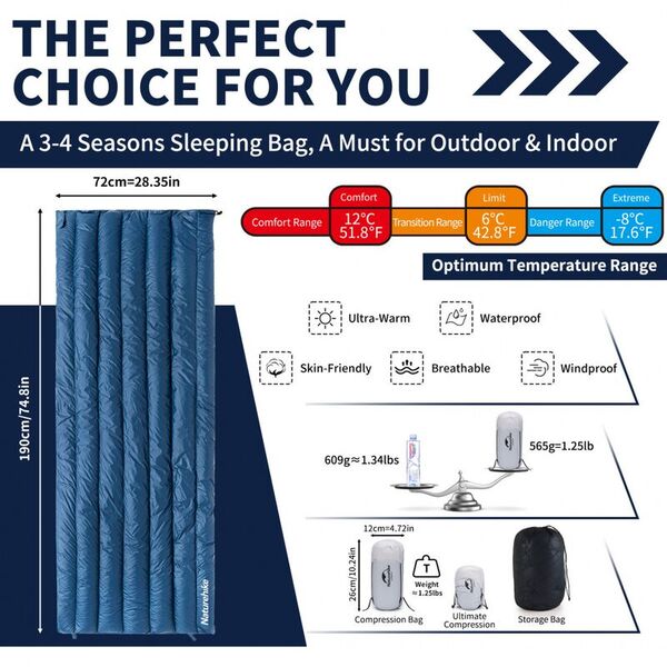 Спальный мешок NATUREHIKE Cicada Wing CW295 Blue (утиный пух)