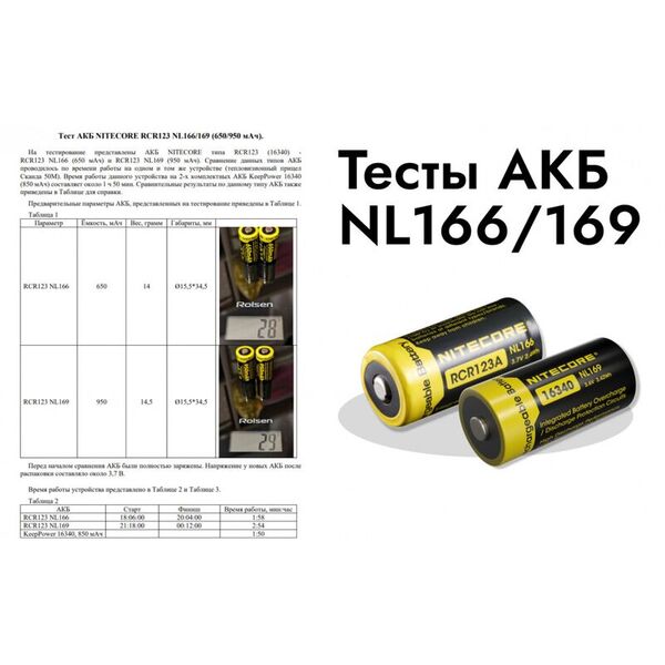 Аккумулятор NITECORE с защитой NL166 (RCR123/16340 Li-ion 3.7v 650mAH)