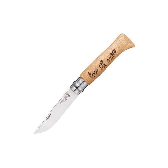 Нож Opinel №8 Animalia, нержавеющая сталь, рукоять дуб, гравировка форель, 001625