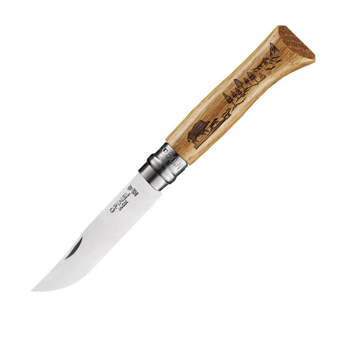 Нож Opinel №8, нержавеющая сталь, рукоять дуб, гравировка кабан. 002331