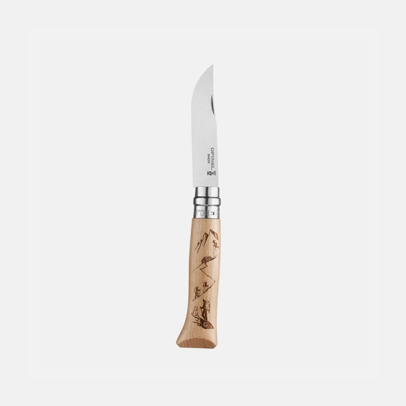 Нож Opinel №8 Alpine adventures, нержавеющая сталь, рукоять дуб, гравировка лыжи, 002188