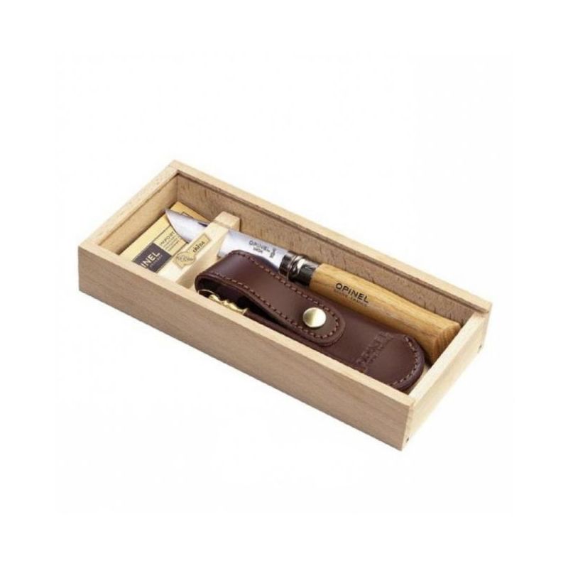 Нож Opinel №8, нержавеющая сталь, рукоять оливковое дерево, деревянный футляр, чехол, 001004